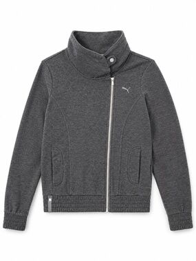 Puma charcoal full zip bomber jacket M smocked waist/cuff funnel neck logo sport